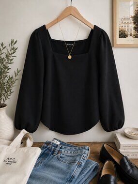 Madewell Black Crepe Square-Neck Puff-Sleeve Top